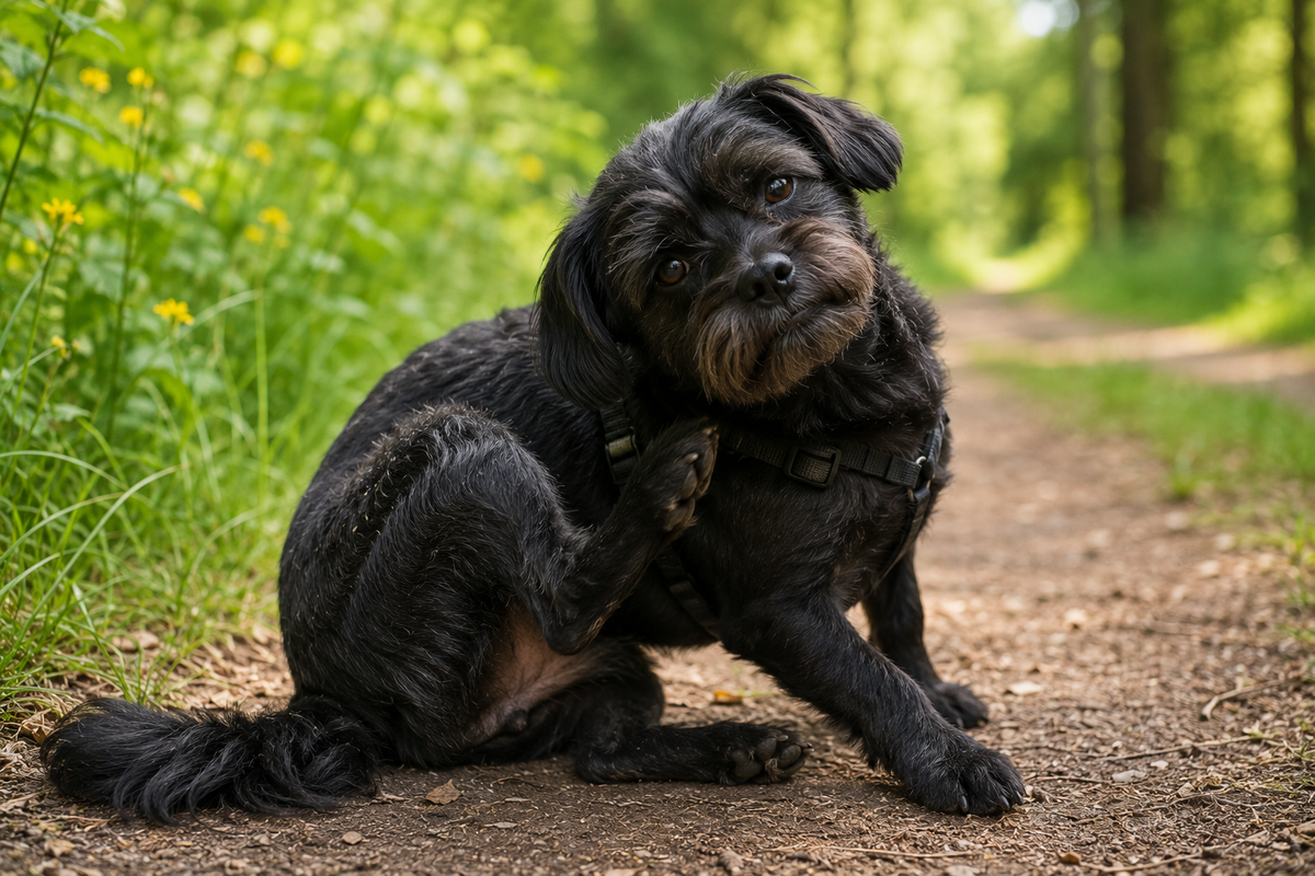 Hund kratzt sich nach dem Spaziergang